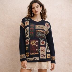 Vintage Floral Novelty Knit Floral Navy Oversized  Sweater M